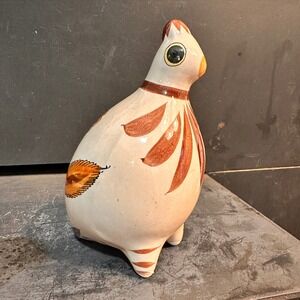 Tonala Bird Figurine Vintage Mexico Pottery Hand Painted Cream 7in